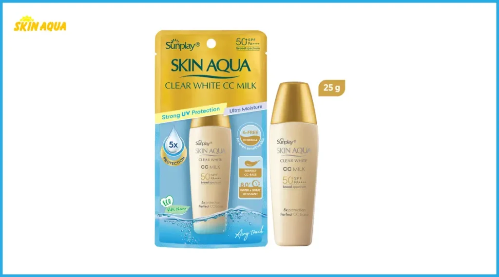 Đánh giá kem chống nắng Skin Aqua chất lượng ra sao? Có bao nhiêu loại? 15 Sunplay Skin Aqua Clear White CC Milk 25g - Nâng tone nhẹ, giảm viêm giảm sưng